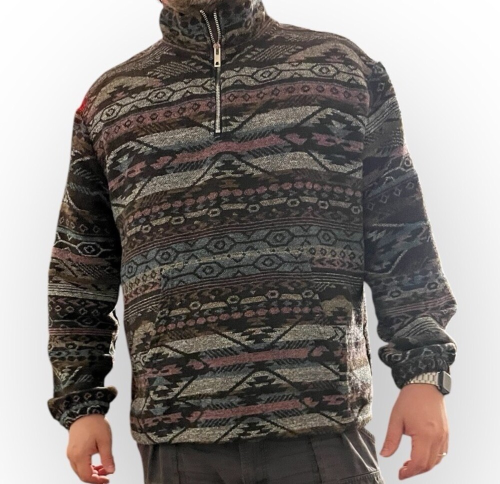 Aztec Tribal Fleece Quarter Zip Pullover Mens 2XL Gray 90s Jacket